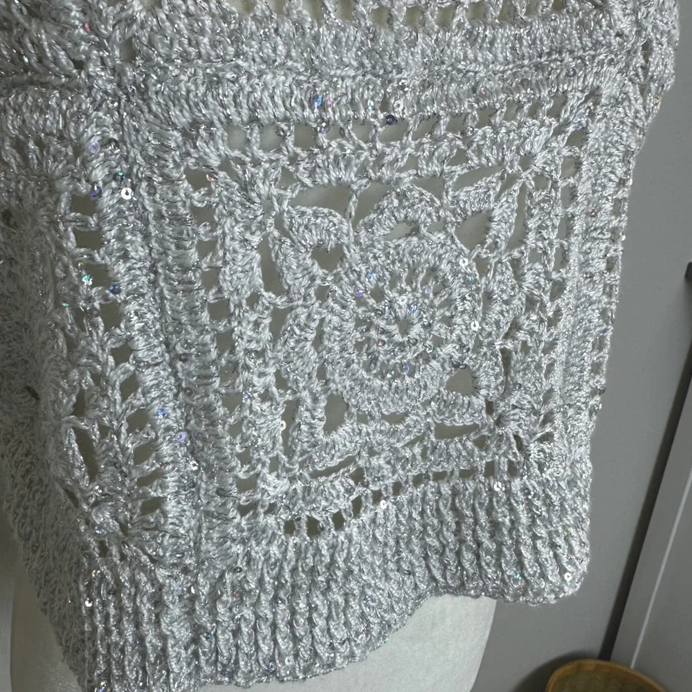 Handmade Silver Metallic Crochet Sequin Granny Square Crop Top Festival Boho
